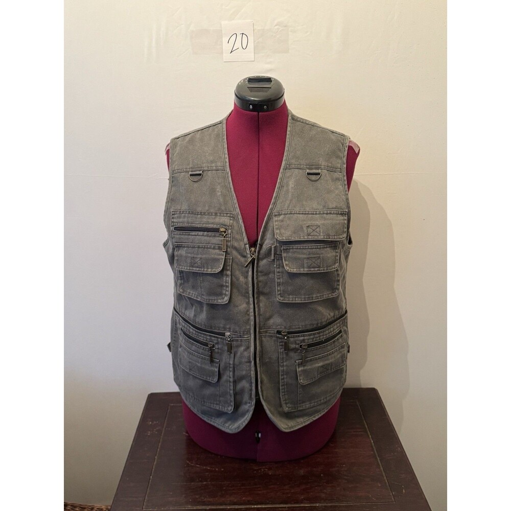 Mens XL Gray Utility Fishing Vest Multi Pocket Zip Front Canvas Travel Outdoor